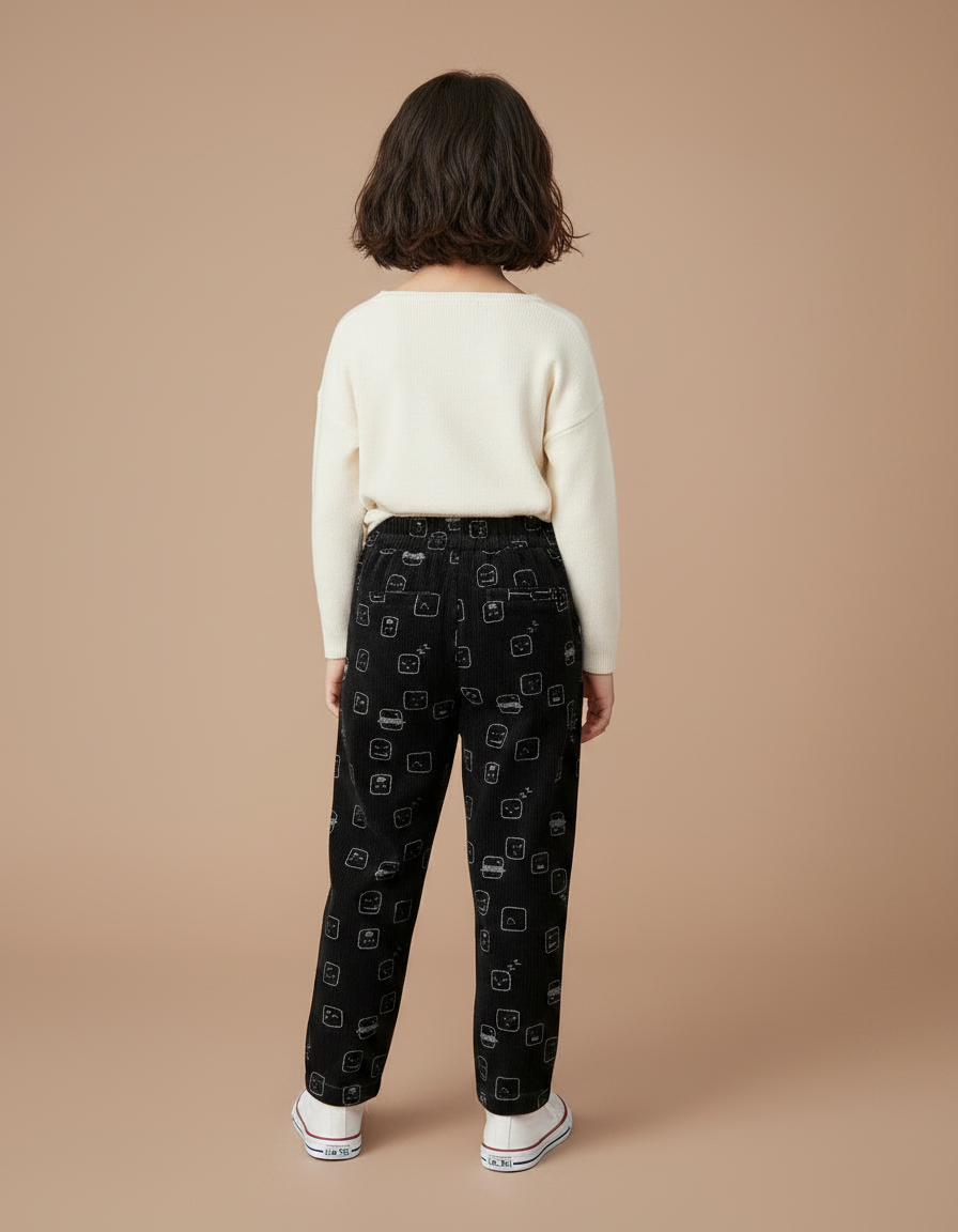 Pantalon Velours Noir Imprimé Décontracté Enfant Doux - Cordé - vue 2