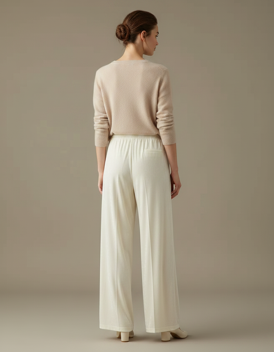 Pantalon Velours Blanc Cassé Ample Fluide Élégant Femme - vue 2