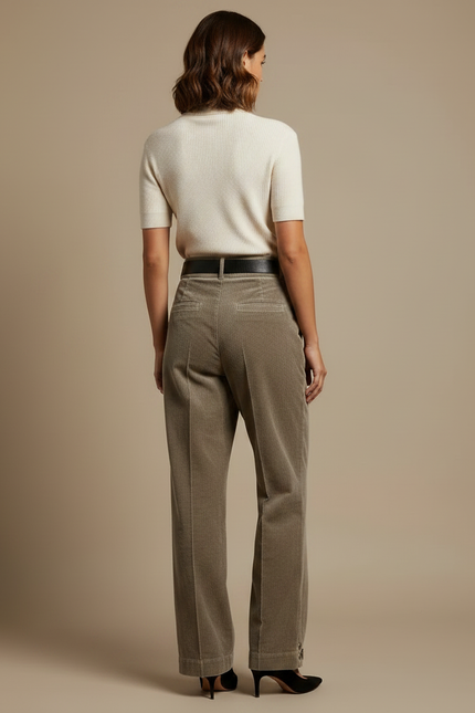 Pantalon Velours Côtelé Femme Ample Taille Haute Boutons - Kaki Cordé - vue 2