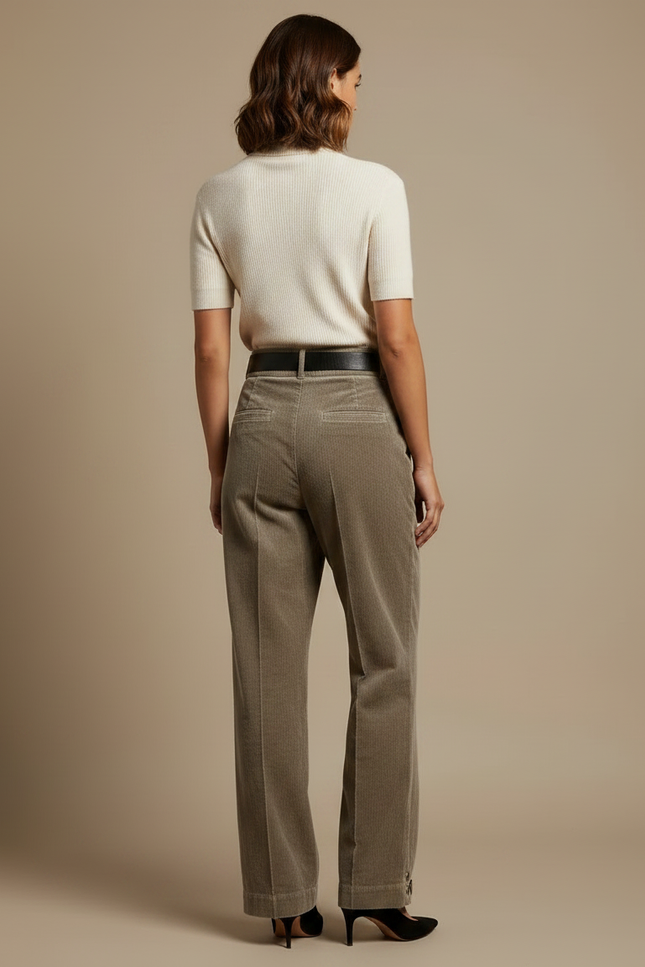 Pantalon Velours Côtelé Femme Ample Taille Haute Boutons - Kaki Cordé - vue 2