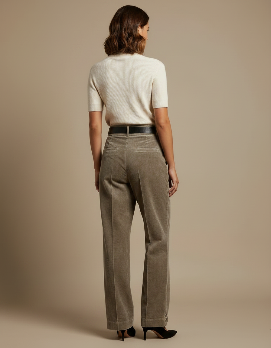 Pantalon Velours Côtelé Femme Ample Taille Haute Boutons - Kaki Cordé - vue 2