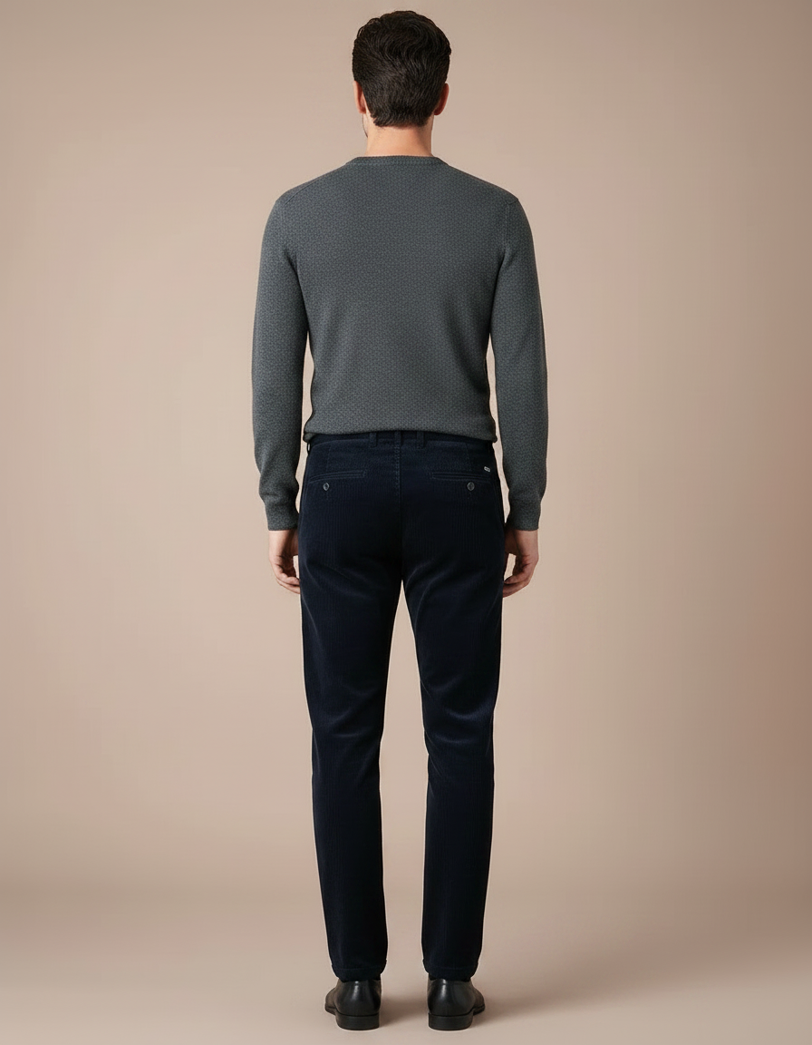 Pantalon Velours Côtelé Bleu Marine Droit Homme - Cordé - vue 2