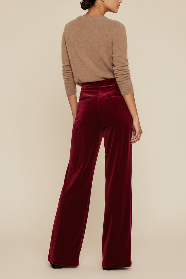 Pantalon Velours Rouge Ample Fluide Élégant Femme - Bordeaux - vue 2