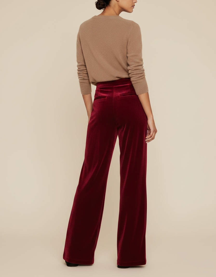 Pantalon Velours Rouge Ample Fluide Élégant Femme - Bordeaux - vue 2