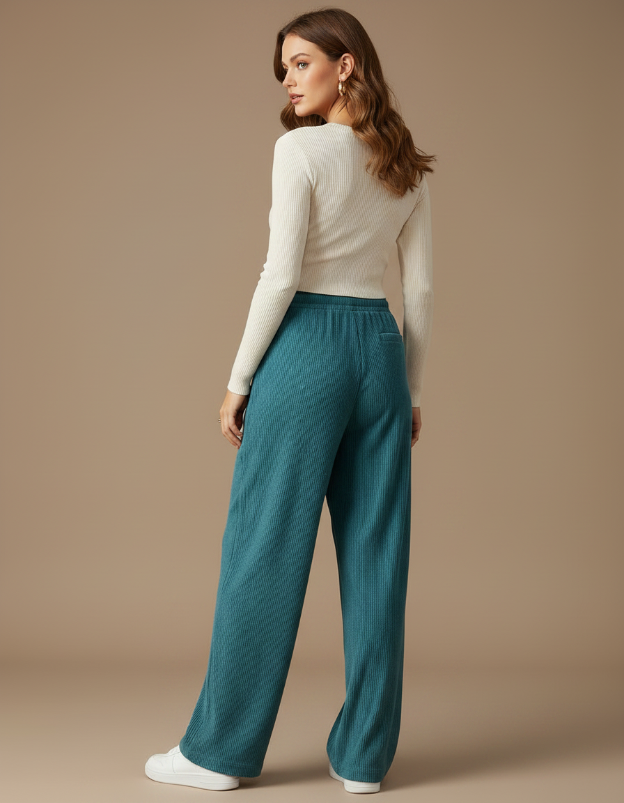 Pantalon Velours Côtelé Ample Décontracté Bleu Canard - Cordé - vue 2
