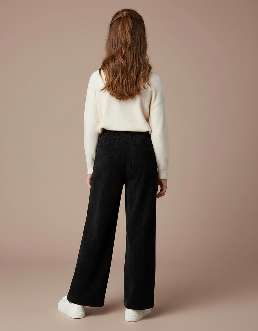 Pantalon Velours Côtelé Noir Ample Fille Décontracté - Cordé - vue 2
