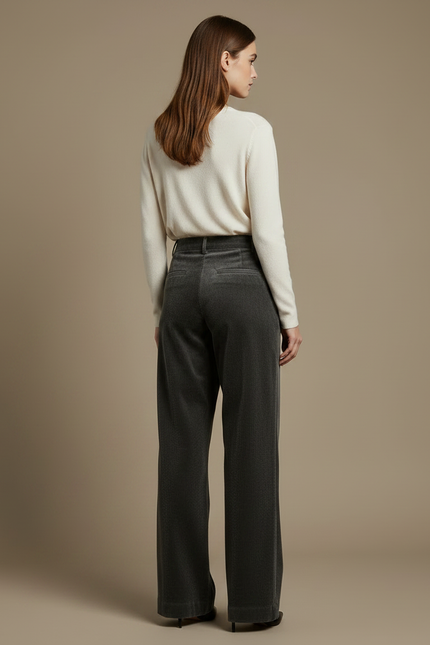 Pantalon Velours Gris Côtelé Ample Élégant Décontracté - Cordé - vue 2