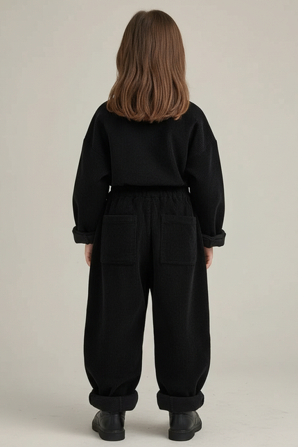 Pantalon Velours Noir Côtelé Ample Décontracté Enfant