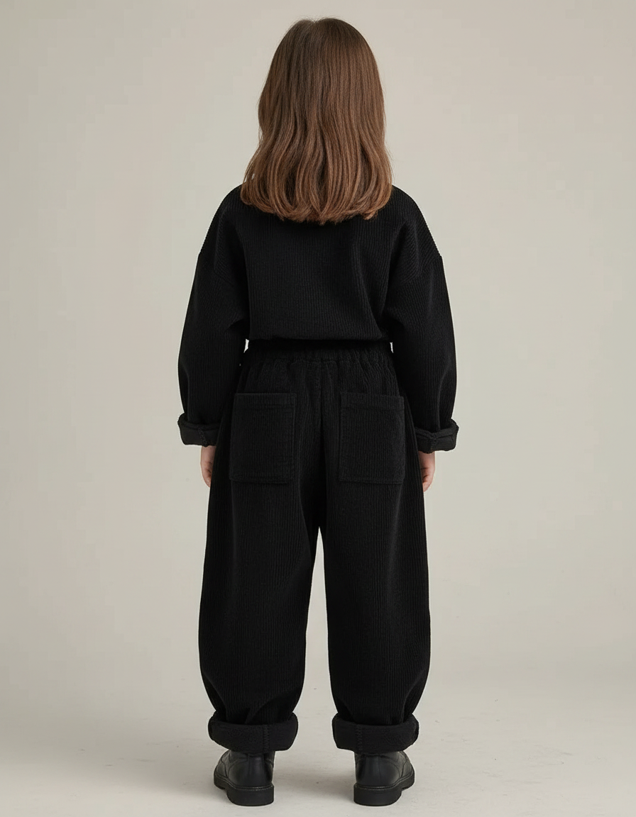 Pantalon Velours Noir Côtelé Ample Décontracté Enfant