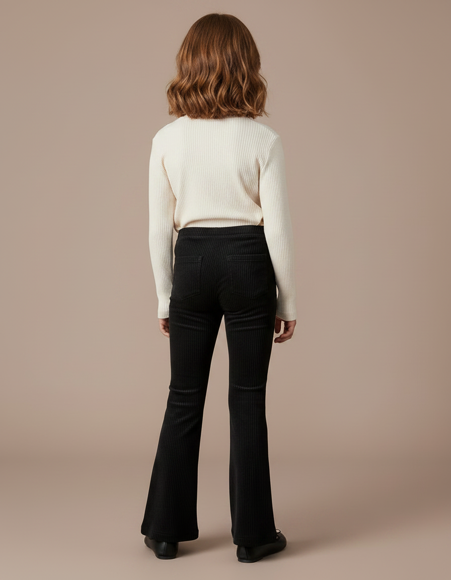 Pantalon Velours Côtelé Noir Évasé Confortable Fille - Cordé - vue 2