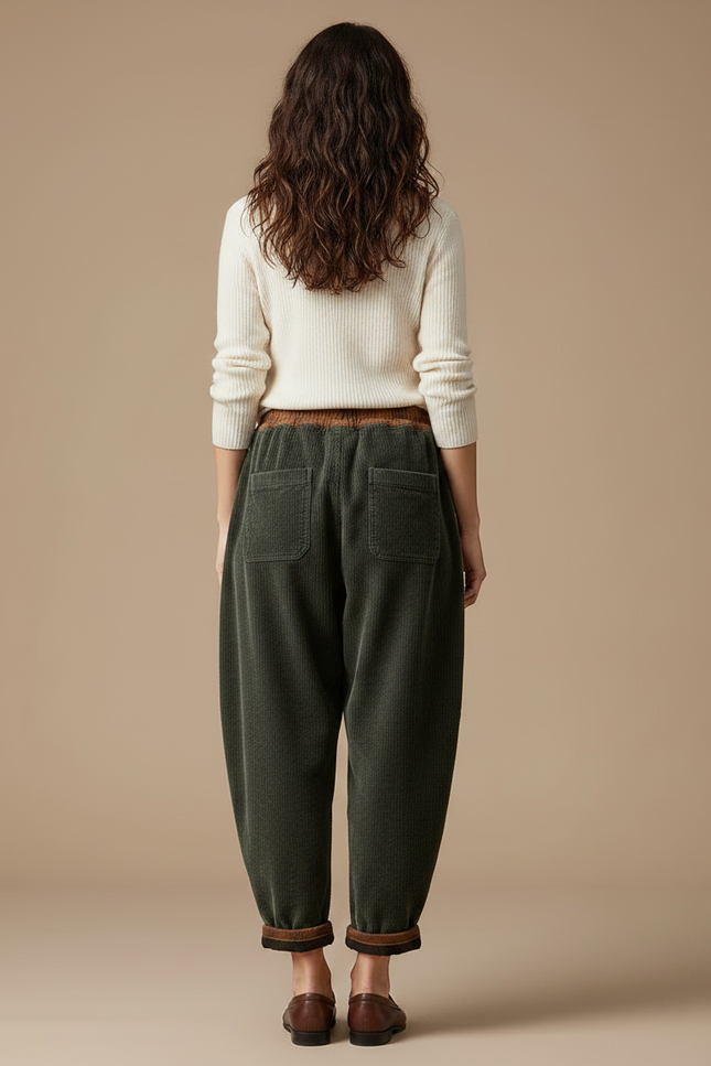 Pantalon Velours Côtelé Vert Ample Taille Élastique Femme - vue 2