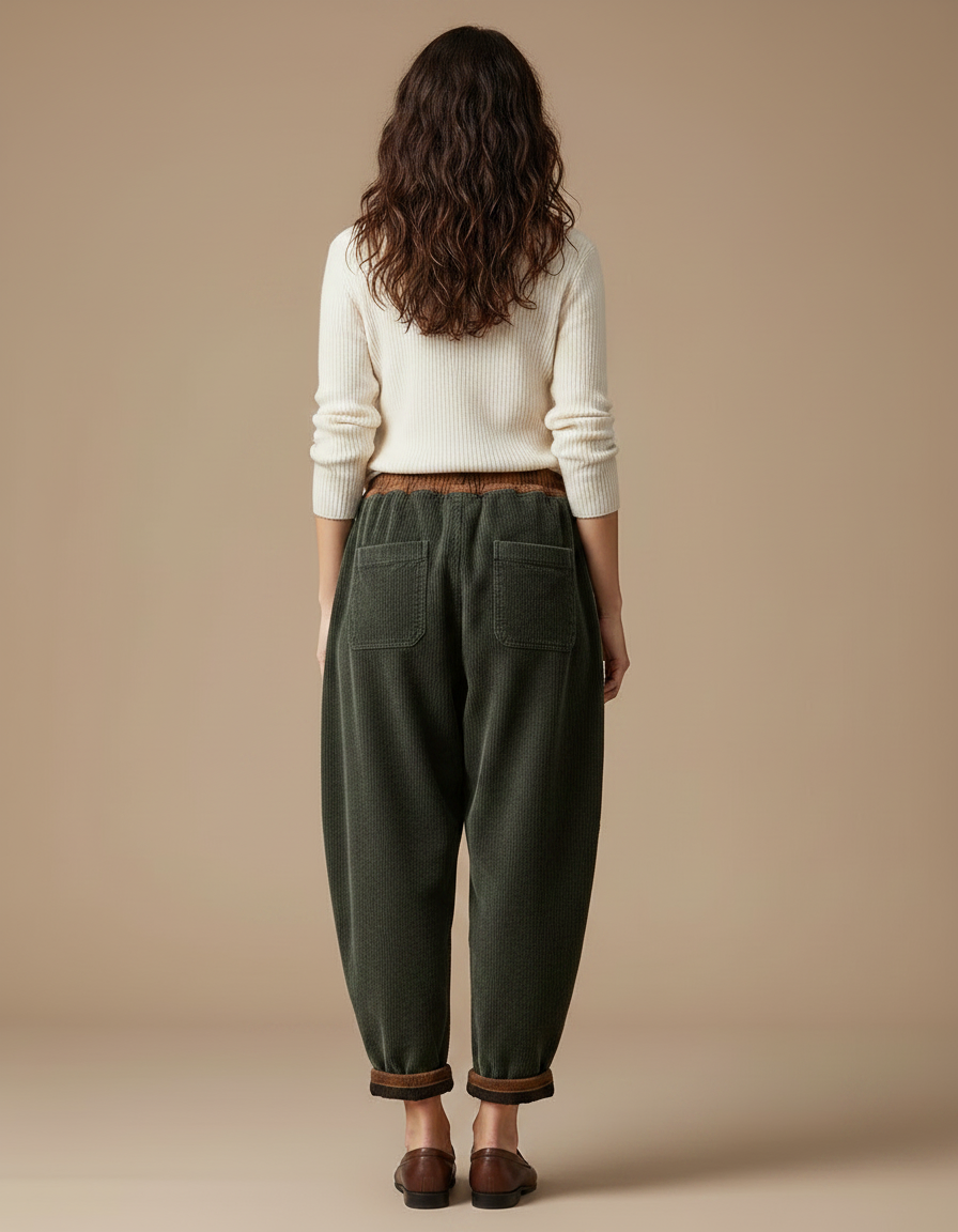 Pantalon Velours Côtelé Vert Ample Taille Élastique Femme - vue 2