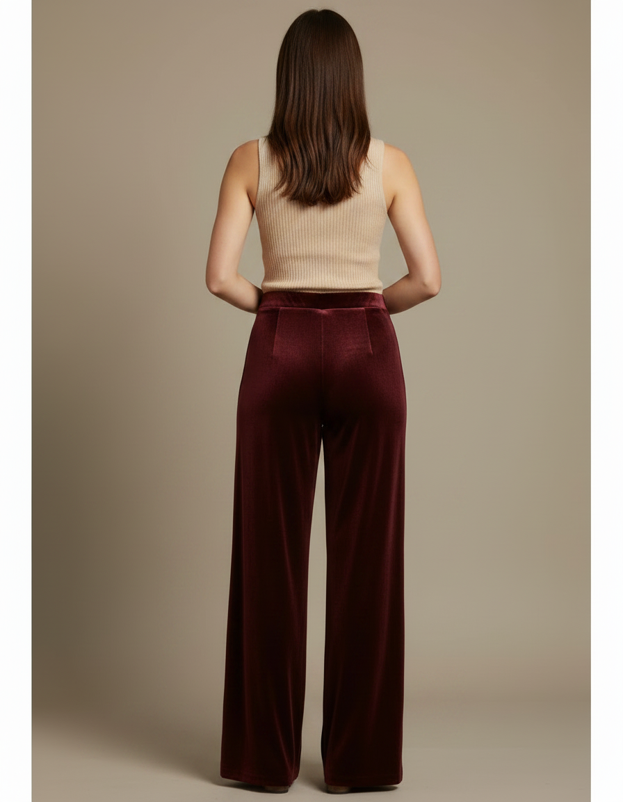 Pantalon Palazzo Velours - Bordeaux - vue 2