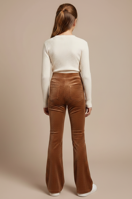 Pantalon Velours Marron Côtelé Évasé Confortable Fille - Cordé - vue 2
