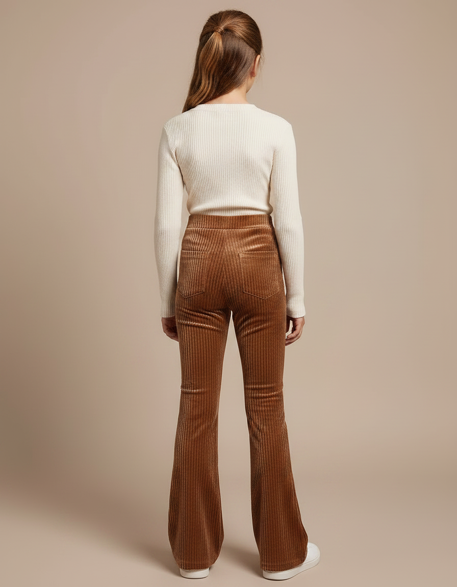 Pantalon Velours Marron Côtelé Évasé Confortable Fille - Cordé - vue 2