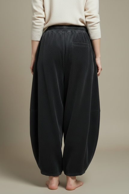 Pantalon Velours Côtelé Ample Noir Femme Confortable - Cordé - vue 2