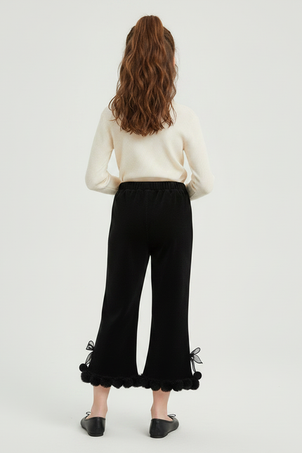 Pantalon Velours Noir Côtelé Évasé Pompons Fille - vue 2