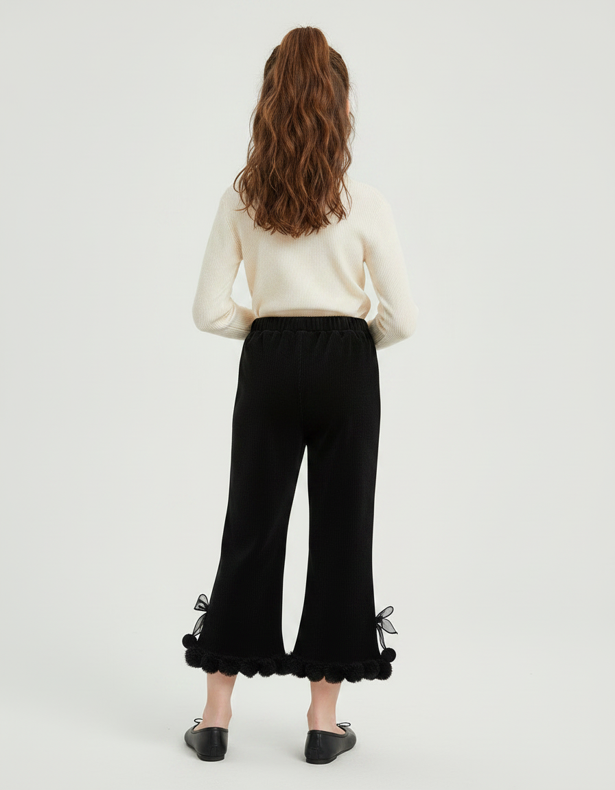 Pantalon Velours Noir Côtelé Évasé Pompons Fille - vue 2