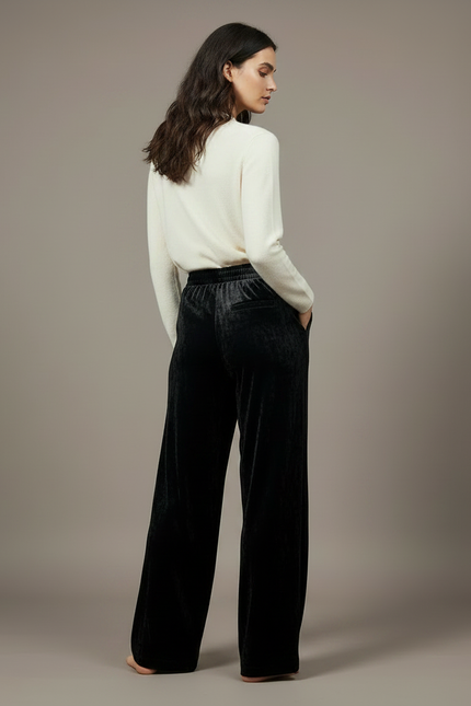 Pantalon Velours Noir Ample Fluide Élégant Femme - vue 2