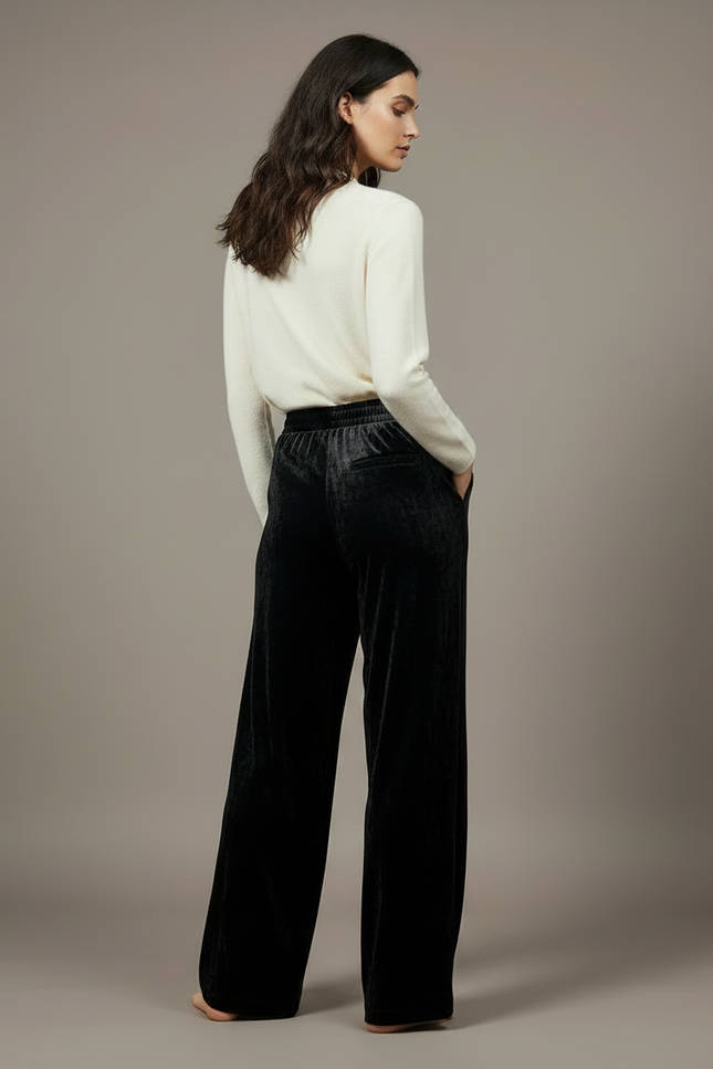 Pantalon Velours Noir Ample Fluide Élégant Femme - vue 2