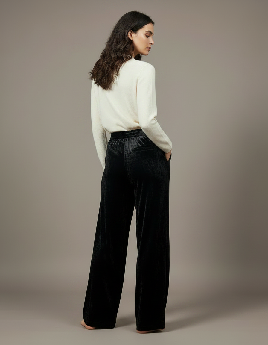 Pantalon Velours Noir Ample Fluide Élégant Femme - vue 2