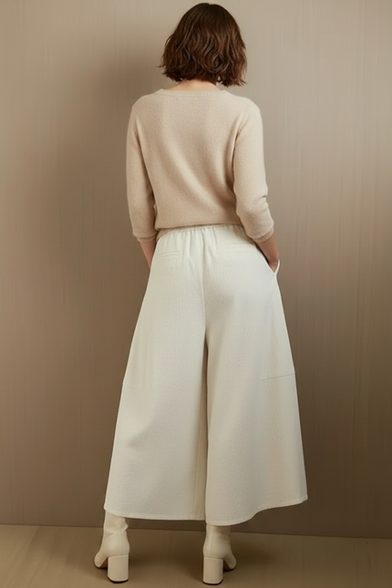 Pantalon Velours Large Écru Confortable Taille Haute Femme - Blanc Cordé - vue 2