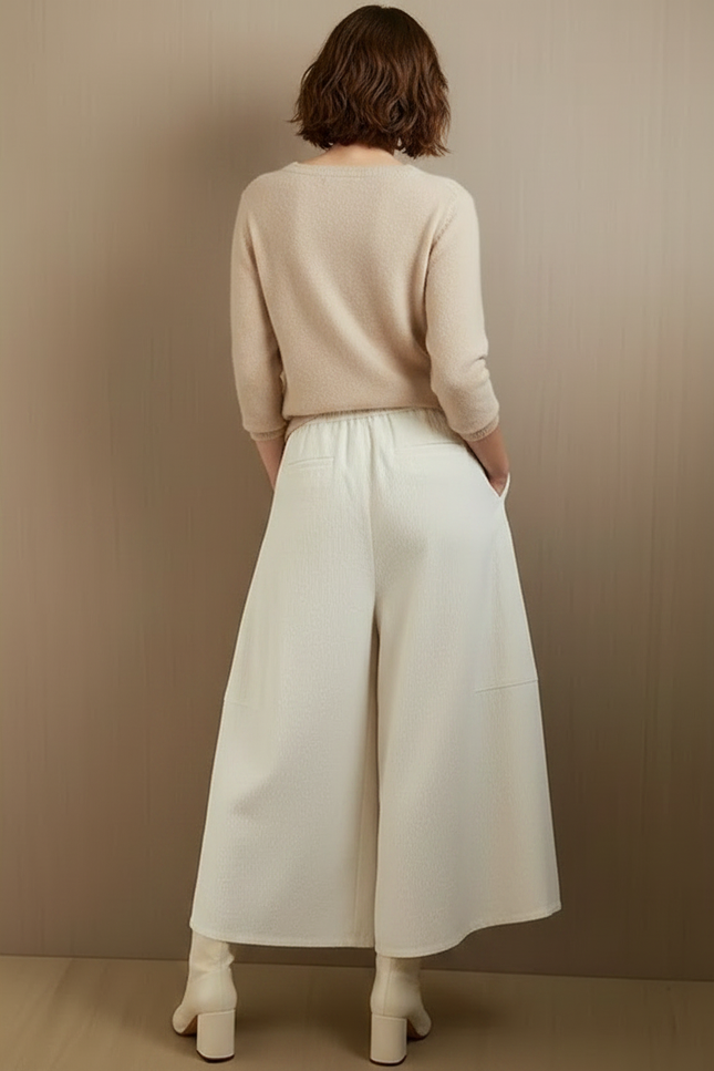 Pantalon Velours Large Écru Confortable Taille Haute Femme - Blanc Cordé - vue 2