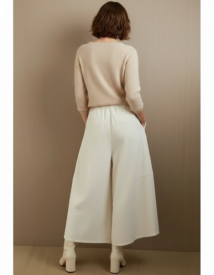Pantalon Velours Large Écru Confortable Taille Haute Femme - Blanc Cordé - vue 2