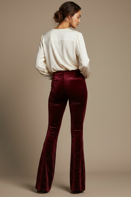 Pantalon Velours Bordeaux Évasé Pailleté Élégant Femme - vue 2