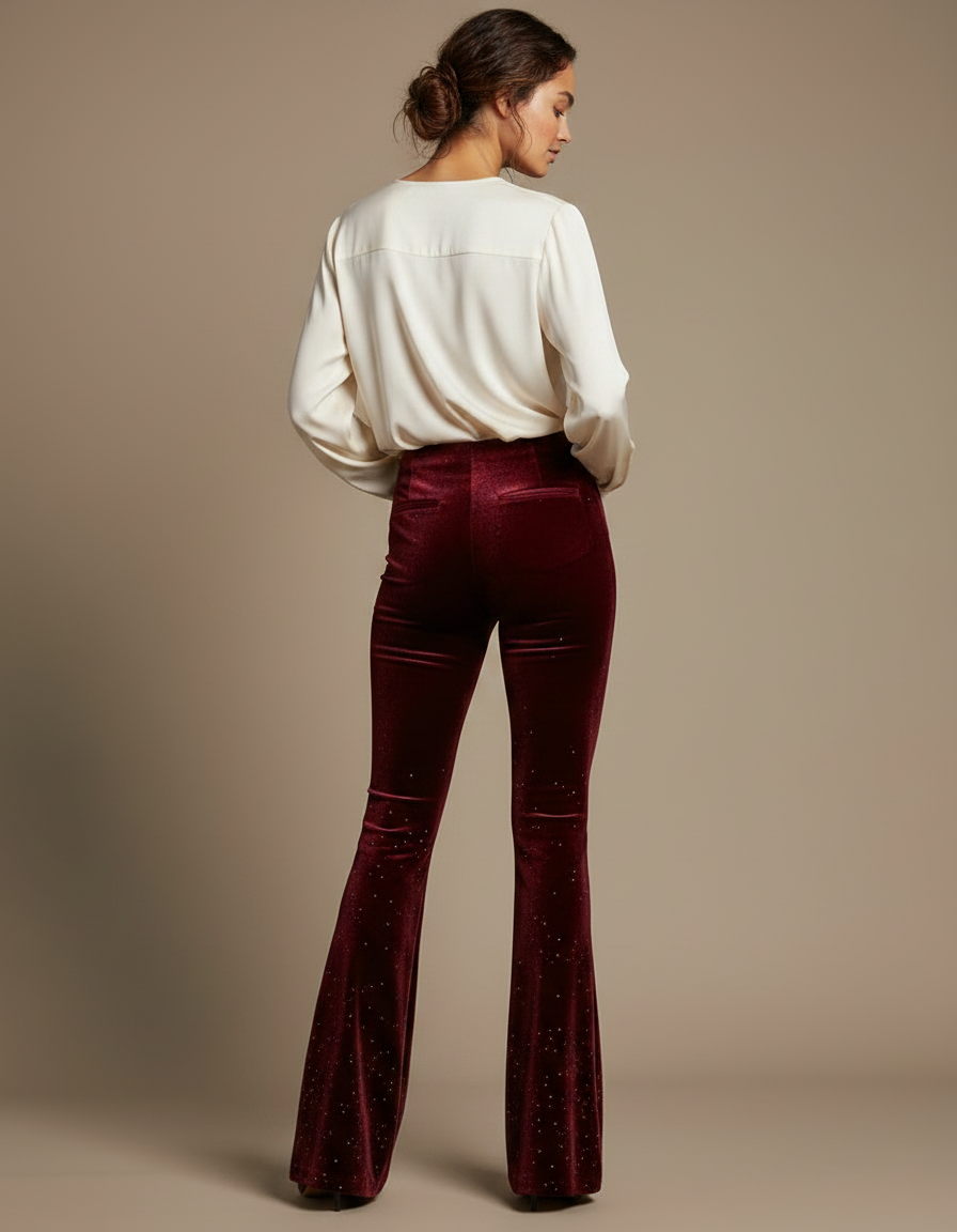Pantalon Velours Bordeaux Évasé Pailleté Élégant Femme - vue 2