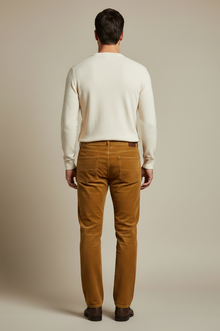 Pantalon Velours Côtelé Homme Droit Marron Élégant - Camel Cordé - vue 2