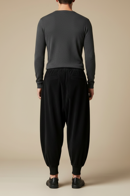 Pantalon Velours Noir Côtelé Ample Décontracté Harem - Cordé - vue 2