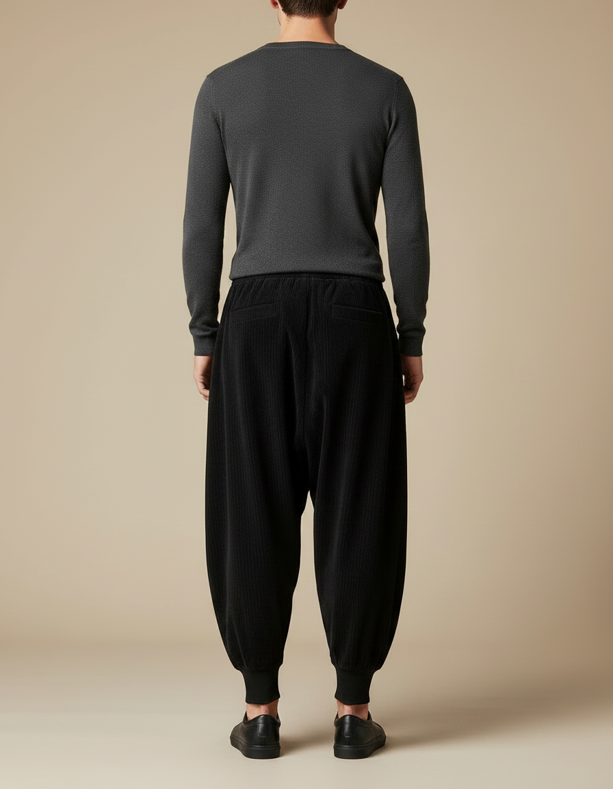 Pantalon Velours Noir Côtelé Ample Décontracté Harem - Cordé - vue 2