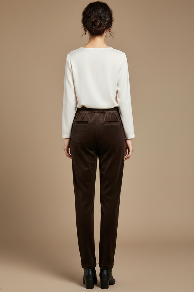 Pantalon Velours Marron Droit Cordon Élastique Femme - vue 2