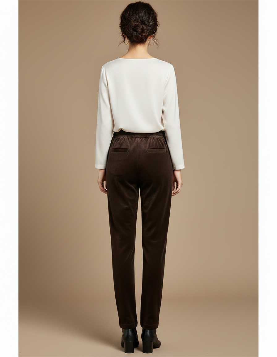 Pantalon Velours Marron Droit Cordon Élastique Femme - vue 2