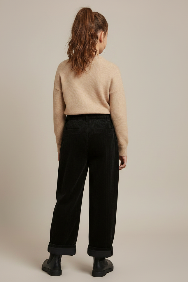 Pantalon Velours Fille Noir Large Côtelé Épais - Cordé - vue 2