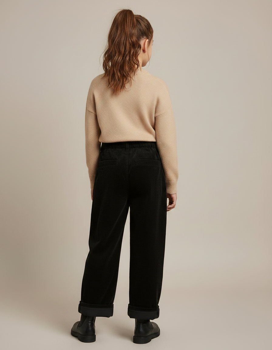 Pantalon Velours Fille Noir Large Côtelé Épais - Cordé - vue 2