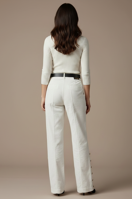 Pantalon Velours Blanc Côtelé Boutons Dorés Taille Haute - vue 2