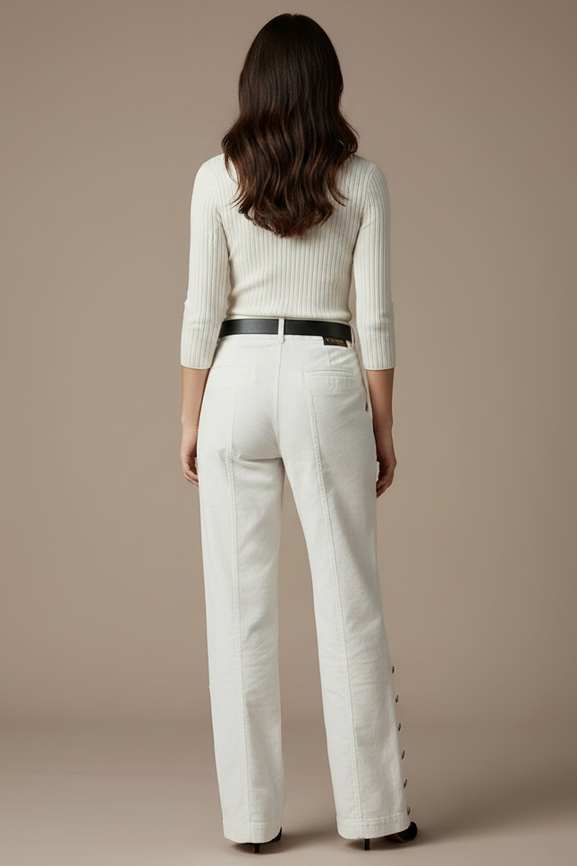 Pantalon Velours Blanc Côtelé Boutons Dorés Taille Haute - vue 2