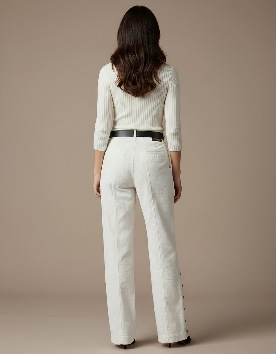 Pantalon Velours Blanc Côtelé Boutons Dorés Taille Haute - vue 2