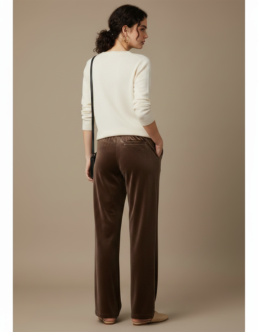 Pantalon Velours Marron Ample Fluide Élégant Femme - vue 2