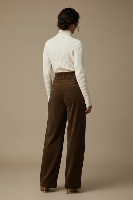 Pantalon Velours Marron Ample Taille Haute Plissé Femme - vue 2