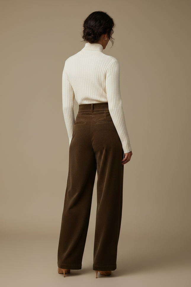 Pantalon Velours Marron Ample Taille Haute Plissé Femme - vue 2