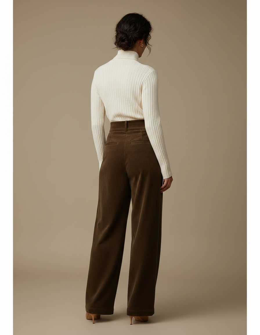 Pantalon Velours Marron Ample Taille Haute Plissé Femme - vue 2