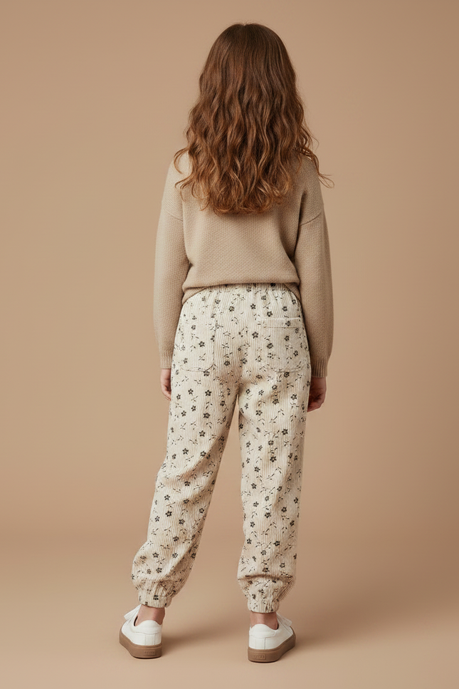 Pantalon Velours Côtelé Beige Imprimé Floral Enfant - Cordé - vue 2