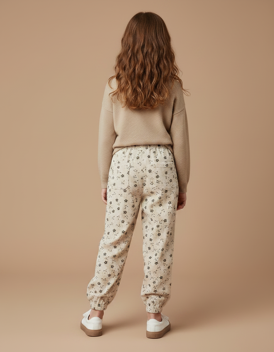 Pantalon Velours Côtelé Beige Imprimé Floral Enfant - Cordé - vue 2