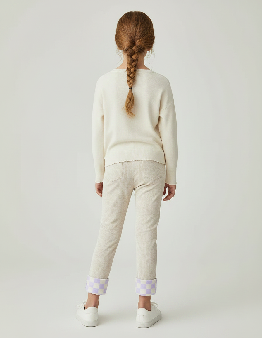 Pantalon Velours Beige Enfant Doux Damier Mauve - vue 2