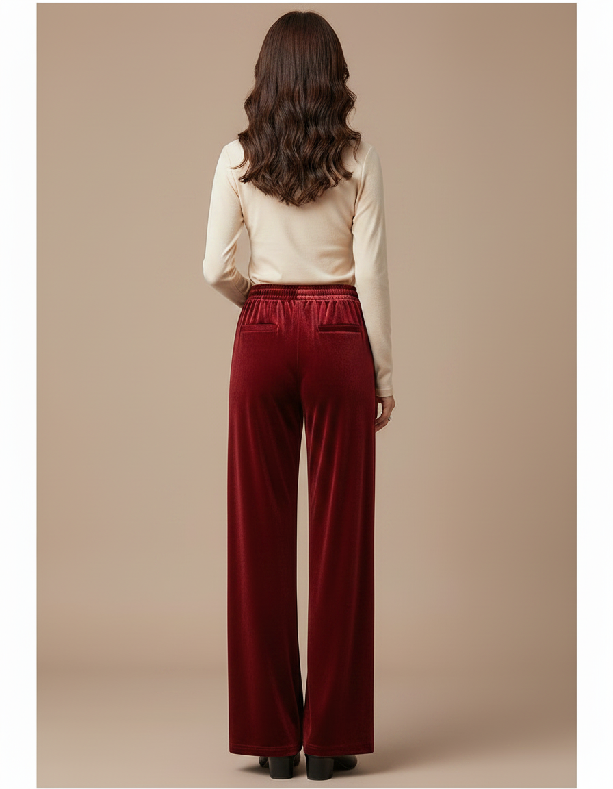 Pantalon Velours Bordeaux Fluide Ample Élégant Femme - vue 2