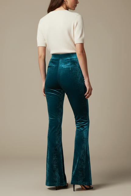Pantalon Velours Évasé Vert Canard Taille Haute - vue 2