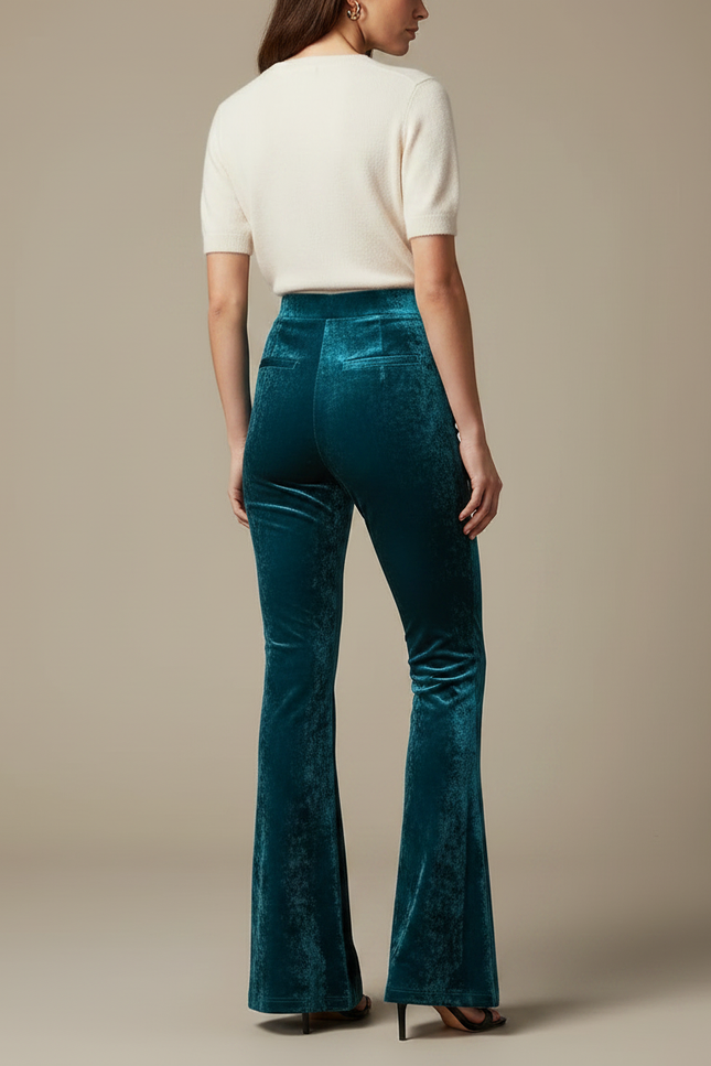 Pantalon Velours Évasé Vert Canard Taille Haute - vue 2
